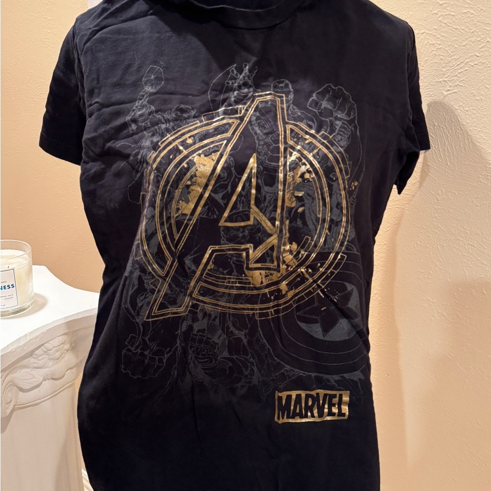 Marvel Black Tee with Gold Avengers Emblem